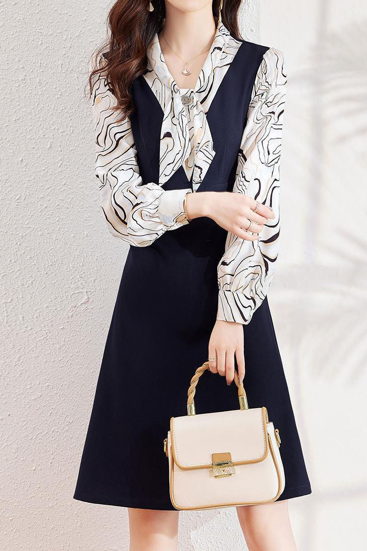 Early Autumn Stylish Fake Two-Piece Design Dress - liwisi