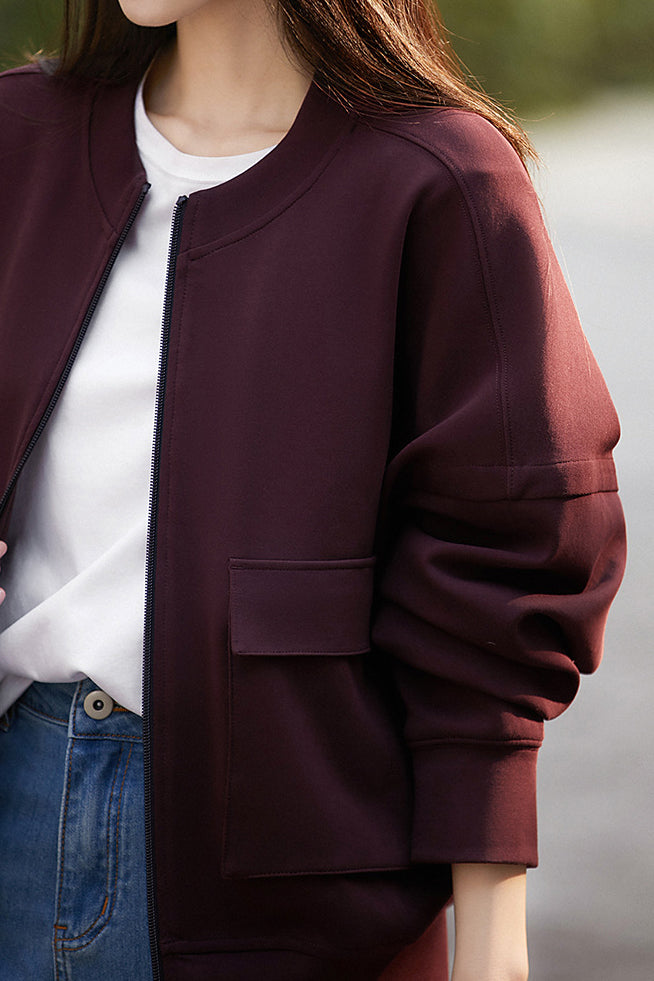 Round Neck Double Flap Pocket Long Sleeve Blouson-2 Colors Available - liwisi