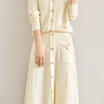 二点セット Vネックフリンジ装飾ニットトップス+フリンジ装飾ロングフレアスカート 3色入 - liwisi