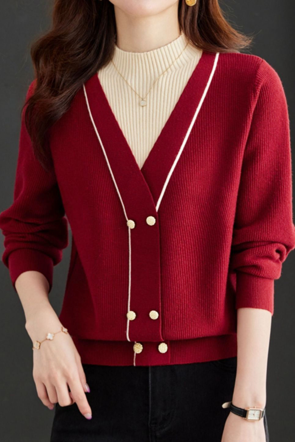 Contrast - color fake two - piece knitted sweater - liwisi