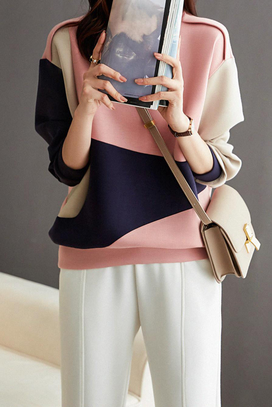 Round Neck Drop Shoulder Bi-Color Sweatshirt - liwisi