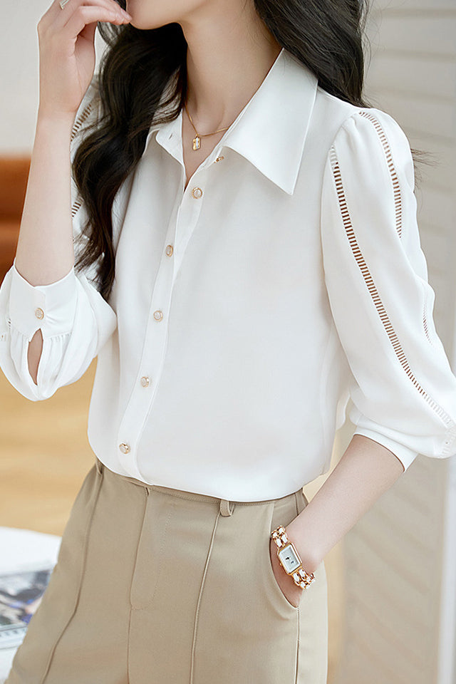 Simple Design Fagoting Sleeve Shirt - liwisi
