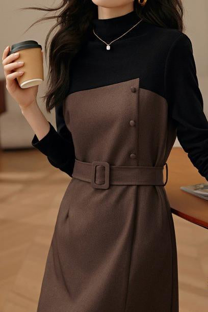 Elegant Midi-Length Long Sleeve Dress with Waist Belt - liwisi