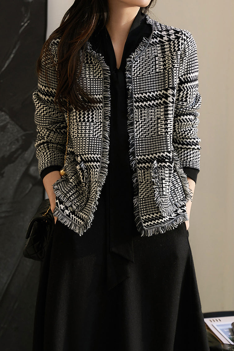 No-Collar Houndstooth Fringed Knit Cardigan - liwisi