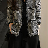 No-Collar Houndstooth Fringed Knit Cardigan - liwisi