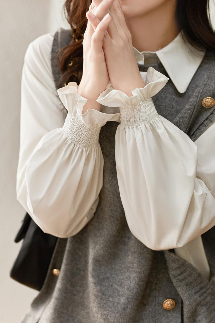 Two-piece set, knitted vest with round button decoration + shirt with frilled collar and frilled cuffs - liwisi