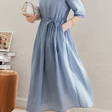 V-Neck Drawstring Long Flare Dress with Lining - liwisi