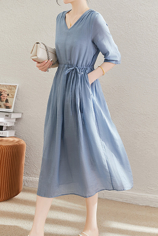 V-Neck Drawstring Long Flare Dress with Lining - liwisi