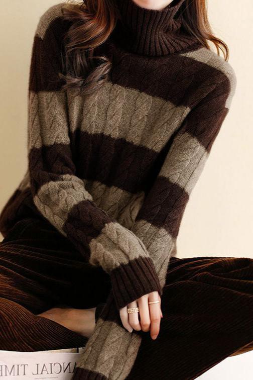 Color-Block Striped Cable Knit Turtleneck Sweater - liwisi
