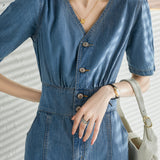 V-Neck Front Slit Mermaid Denim Dress - liwisi