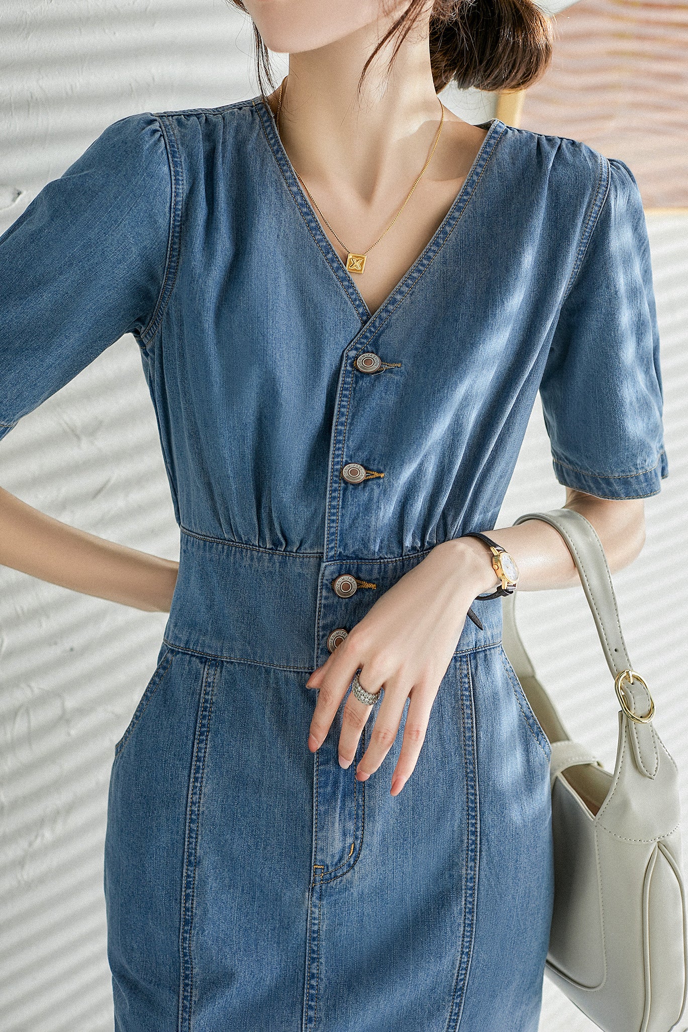 V-Neck Front Slit Mermaid Denim Dress - liwisi
