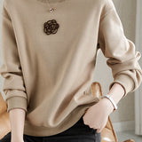Round Neck Drop Shoulder Camellia Embroidered Sweatshirt - liwisi