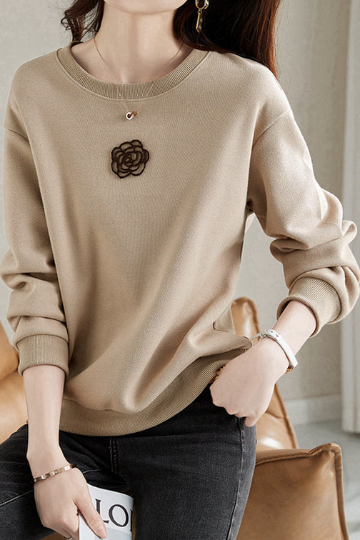 Round Neck Drop Shoulder Camellia Embroidered Sweatshirt - liwisi