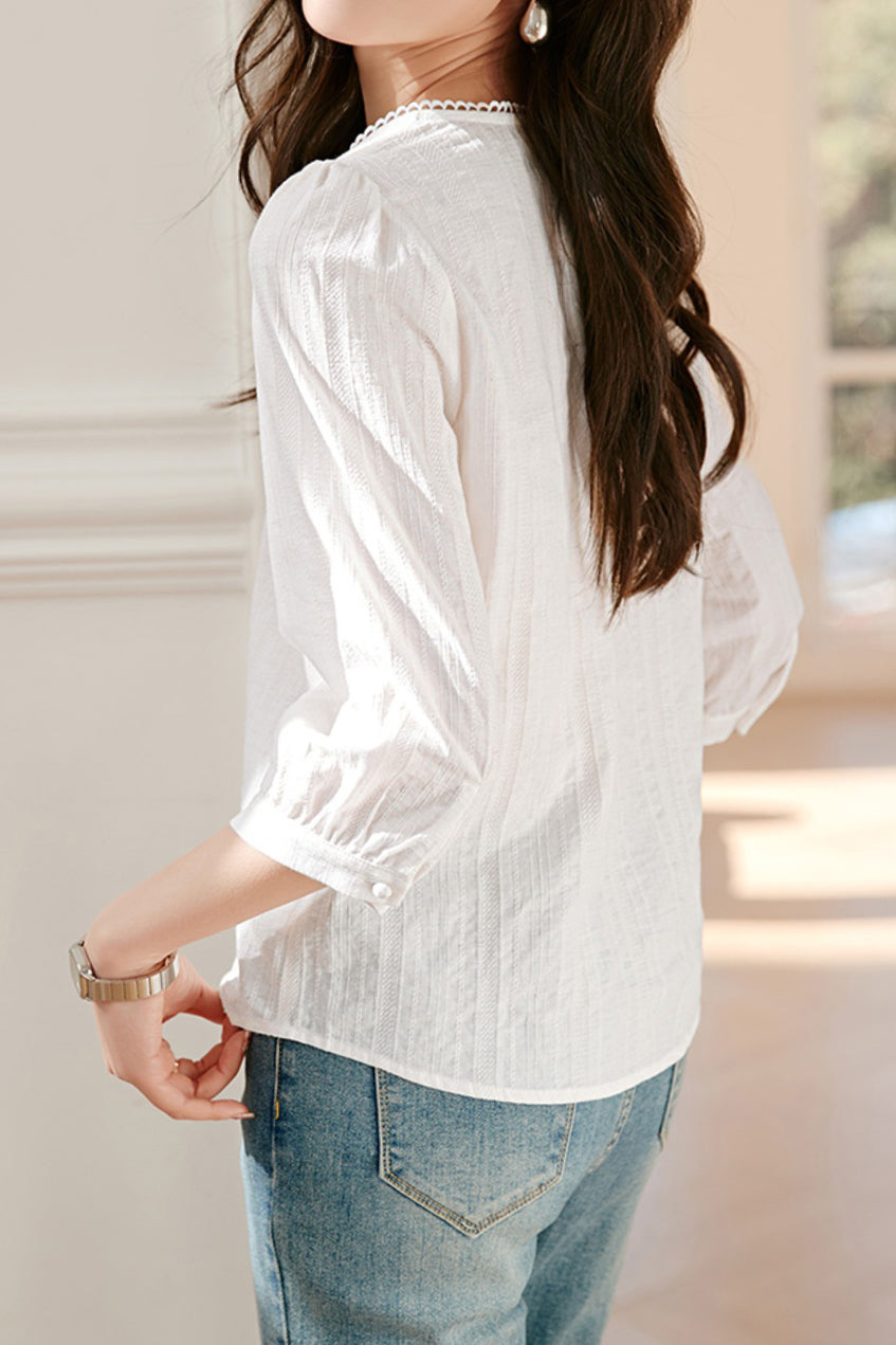 Scalloped V-Neck Button Decor Embroidered Blouse - liwisi