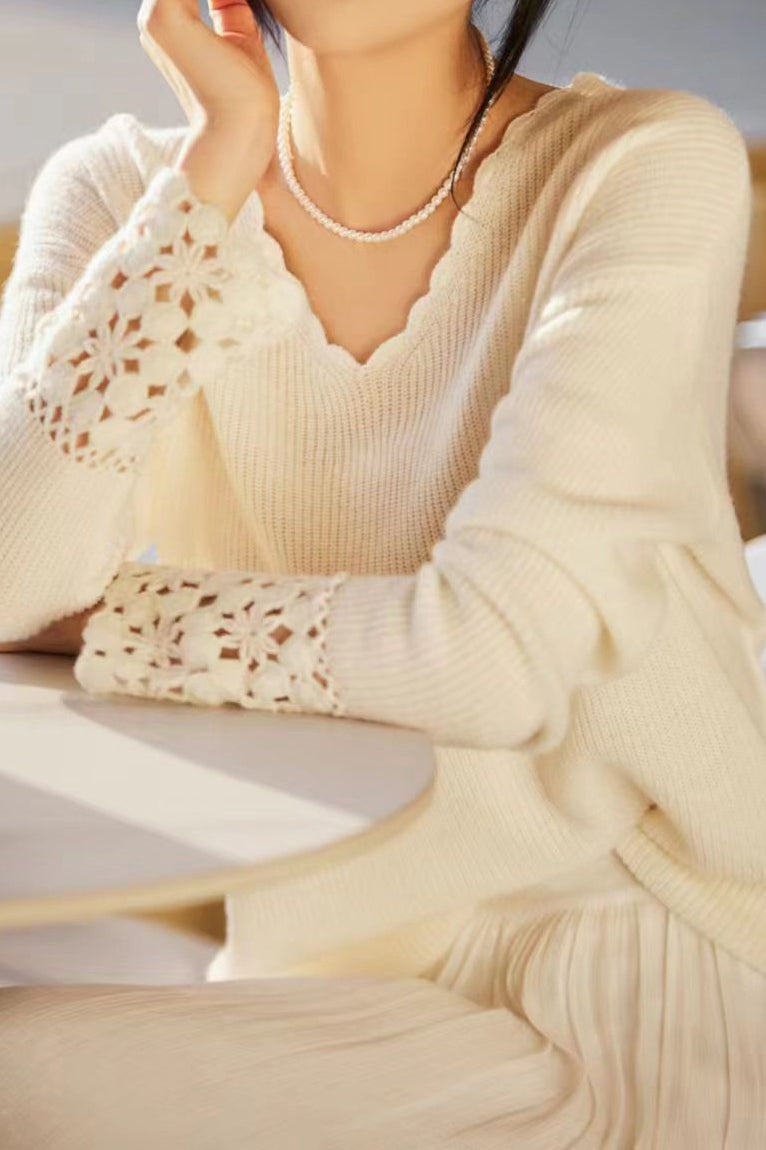 Ruffled Collar Open Knit Drop Shoulder Knit - 2 Colors Available - liwisi