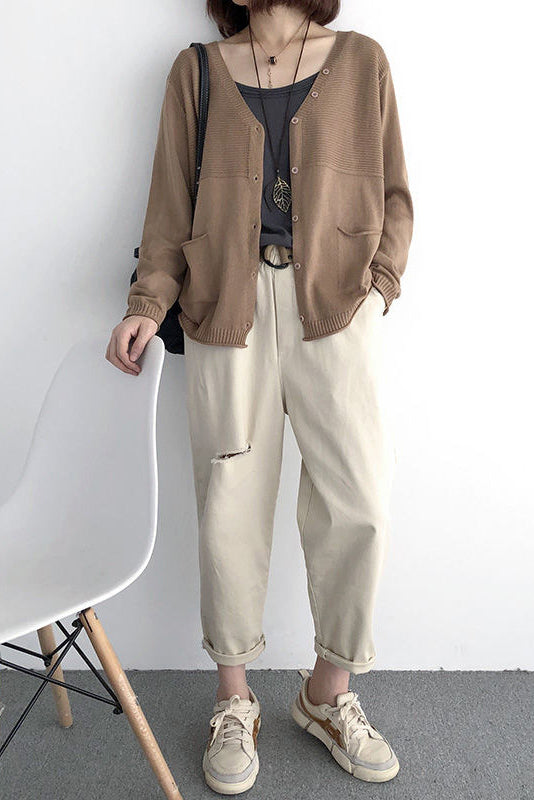 V-Neck Rib Knit Cardigan with Contrast - 5 Colors Available - liwisi