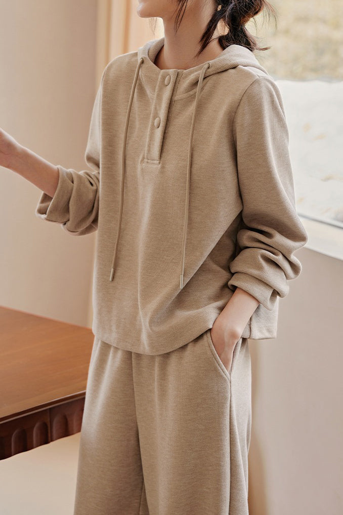 Two-Piece Set: Hooded Simple Parker with Slit Opening + Side Pocket Casual Long Wide Pants - liwisi