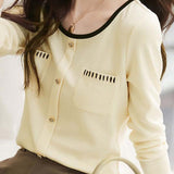 Pocketed Round Neck Black Edge Knit - liwisi