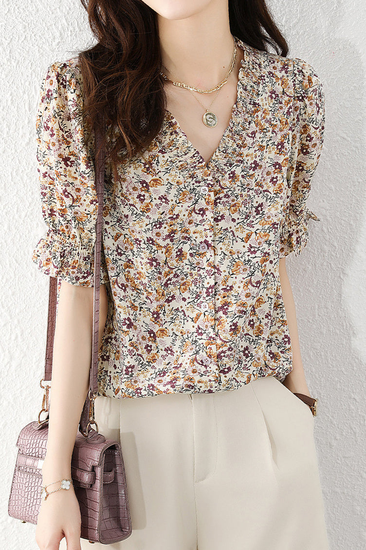 V-Neck Shirring Hem Floral Blouse - liwisi
