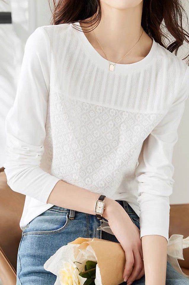 Round Neck Flower Embroidered Lace Contrast Blouse - liwisi