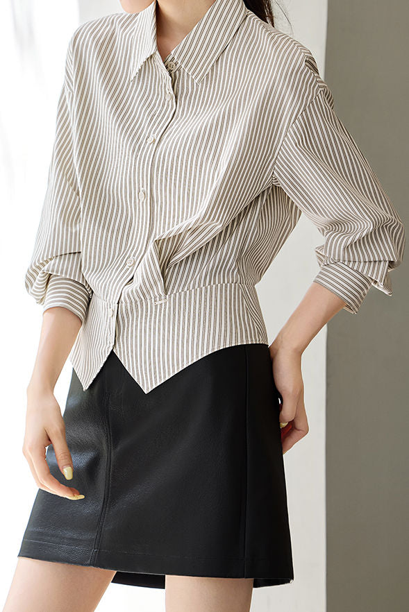 Early Autumn Office Fitted-Waist Striped Shirt - liwisi