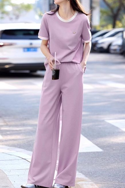 Casual color-block short-sleeve long pants two-piece set. - liwisi