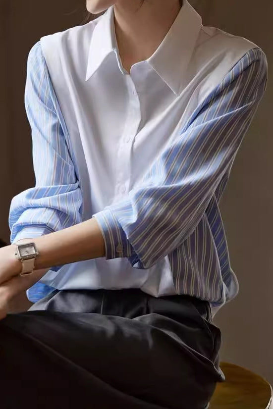Layered Look Striped Sleeve Casual Shirt - liwisi