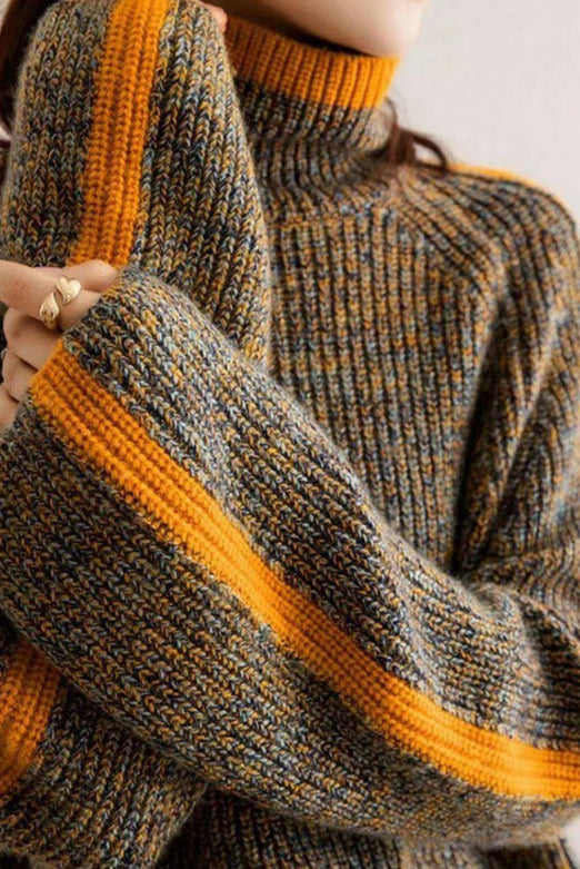 Turtle Neck Raglan Sleeve Bi-Color Knit - liwisi