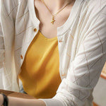 Round Neck Open Knit Check Pattern Cardigan - 3 Colors Available - liwisi