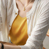 Round Neck Open Knit Check Pattern Cardigan - 3 Colors Available - liwisi