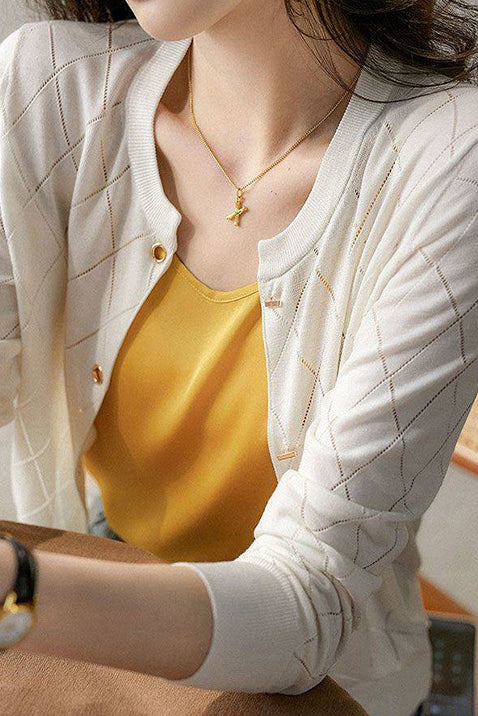 Round Neck Open Knit Check Pattern Cardigan - 3 Colors Available - liwisi