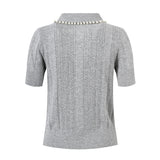 Pearl-Decorated Stand Collar Aran Knit Top - liwisi