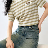 Round Neck Butterfly Embroidered Decor Striped T-Shirt - liwisi