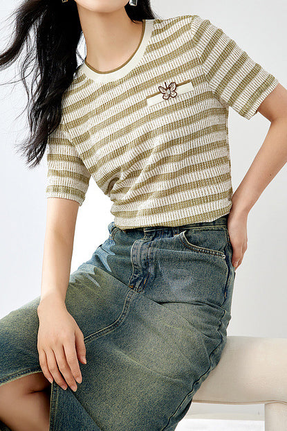 Round Neck Butterfly Embroidered Decor Striped T-Shirt - liwisi