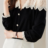 Mixed Material V-Neck Embroidered Lace Cape Shoulder Knit - liwisi