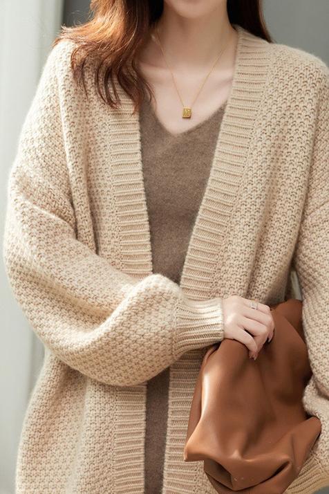 Open Collar Full Opening Buttonless Shawl Knit Jacquard Plain Cardigan - liwisi