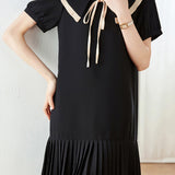 Peter Pan Collar Pleats Contrast Puff Dress - liwisi