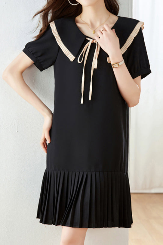 Peter Pan Collar Pleats Contrast Puff Dress - liwisi