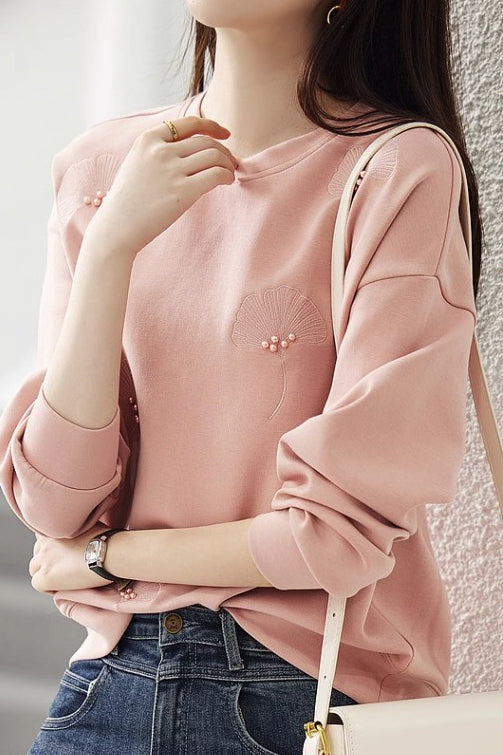 Plain Ginkgo Leaf Embroidered Beaded Sweatshirt - 2 Colors Available - liwisi