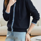 Casual Versatile Color-Block Knitted Hooded Cardigan