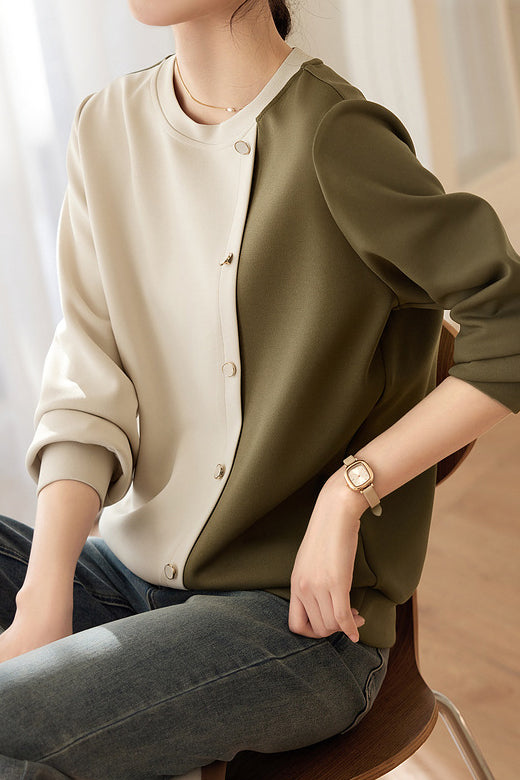 Bi-Color Button Decor Asymmetrical Sweatshirt - liwisi