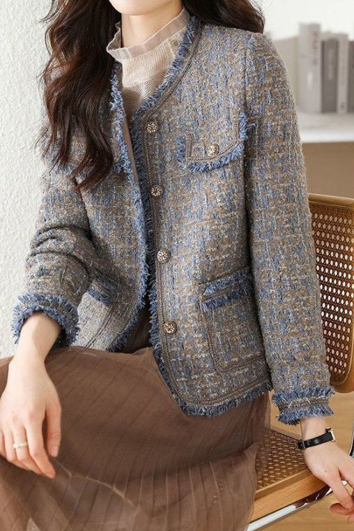 Elegant-Inspired Round Neck Fringe Decor Jacket with Lining - liwisi