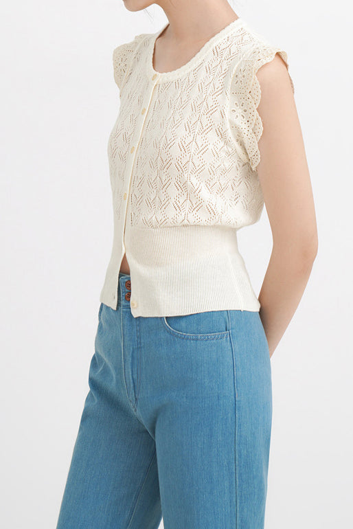 Round Neck Openwork Scalloped Sleeve Knit - liwisi