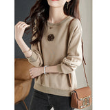 Round Neck Drop Shoulder Camellia Embroidered Sweatshirt - liwisi