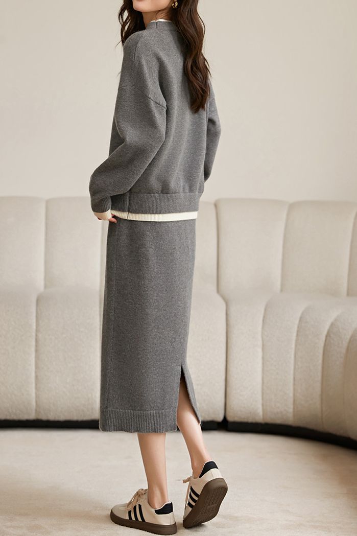 Comfortable Knit Set: Round Neck Top and Midi Skirt - liwisi