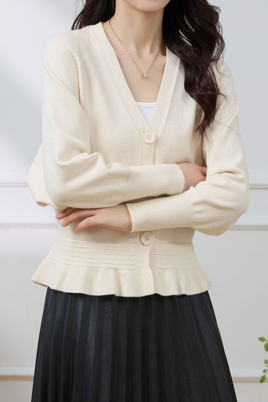 V-Neck Ruffle Hem Knit Cardigan - 4 Colors Available - liwisi