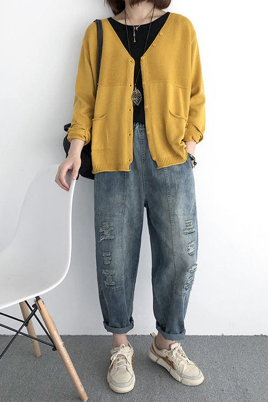 V-Neck Rib Knit Cardigan with Contrast - 5 Colors Available - liwisi