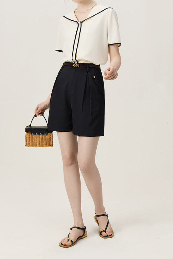 Sailor Collar Contrasting Piping Hem Sheer Blouse - liwisi