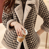 Lapel Collar Eco Fur Decor Houndstooth Jacket - liwisi