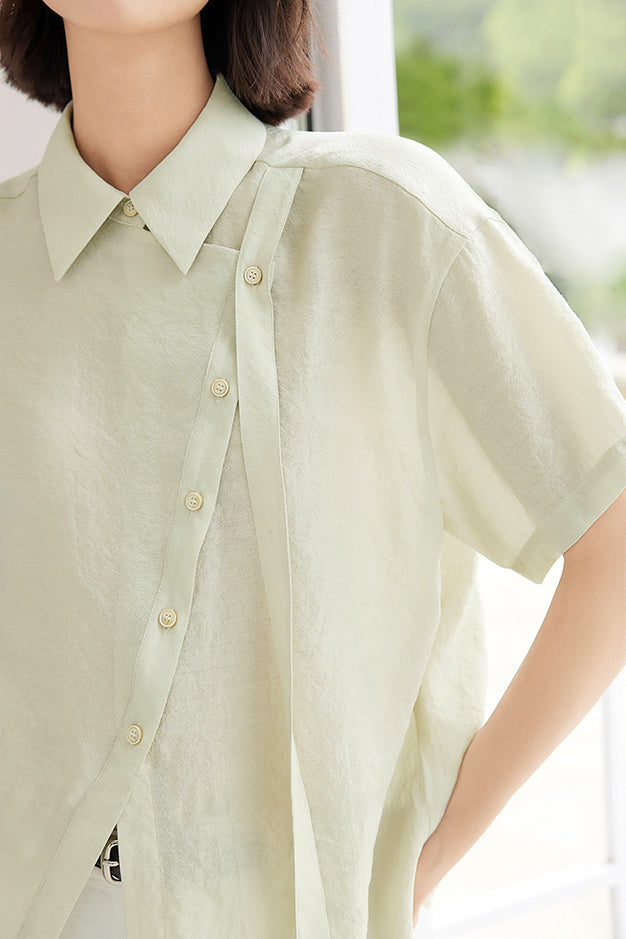 Side Tie Front Slit Diagonal Button Shirt - liwisi